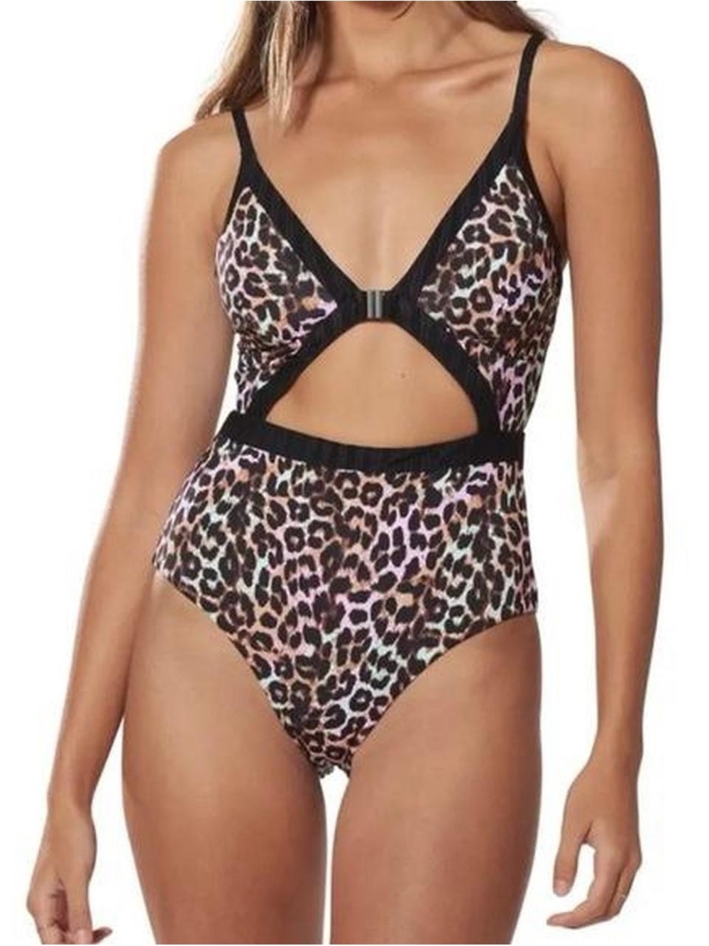 Leopard Print Cutout One-Piece Swimsuit with Black Trim
